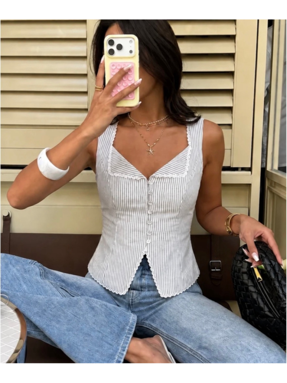 Commense Striped Lace Trim Button-Front Tank Top XS Vest Minimalist